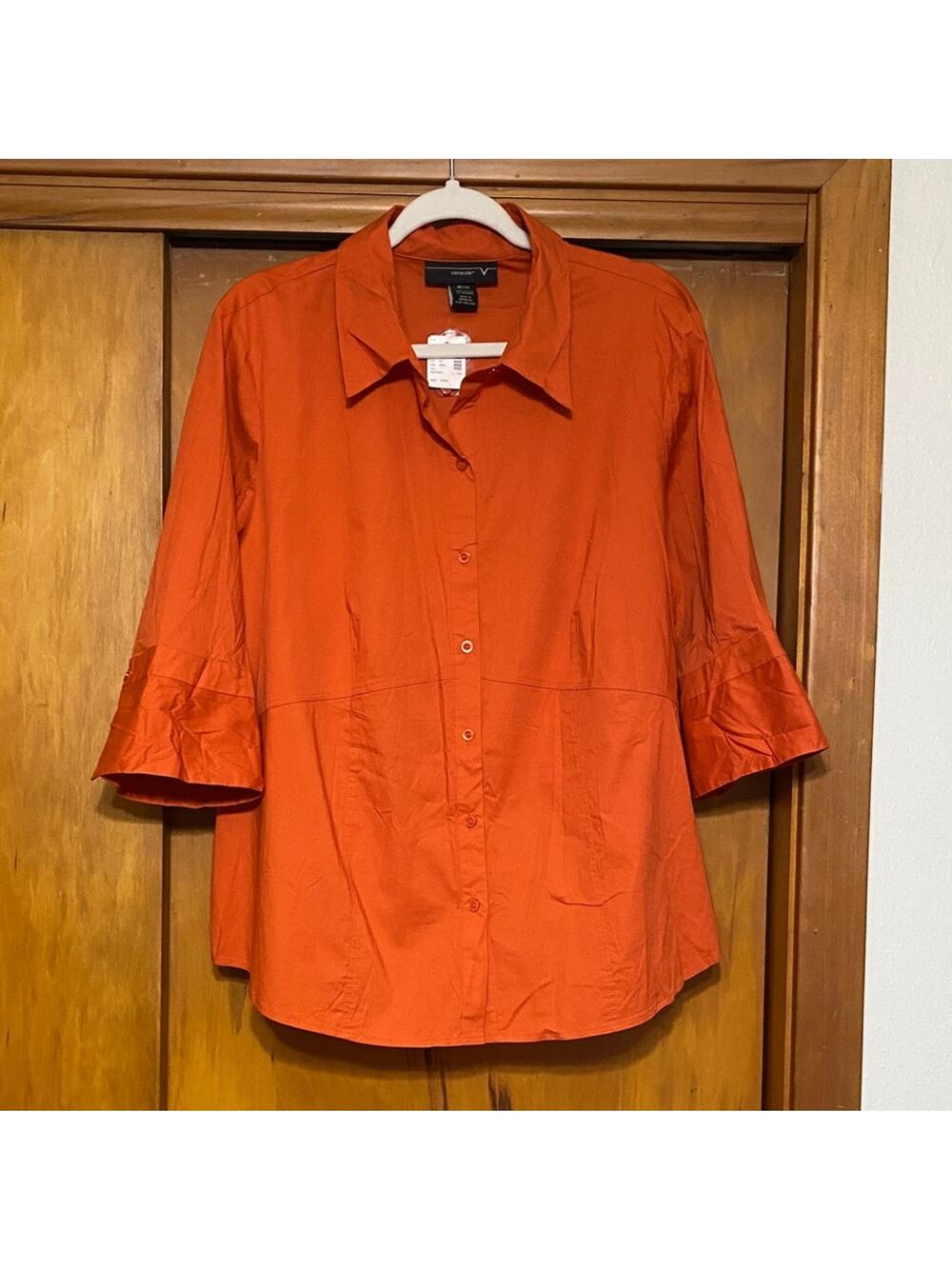NWT Venezia Orange Button-Down Shirt 3/4 Bell Sleeves Cotton Spandex P2P 24.5”